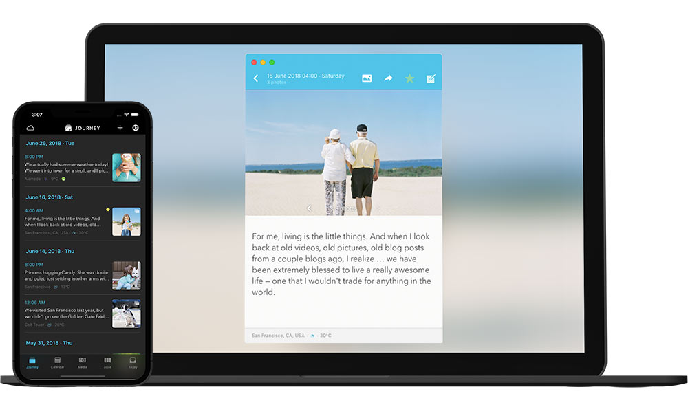 Journey journal 和日记 software app 在 Mac 和 iPhone 上。
